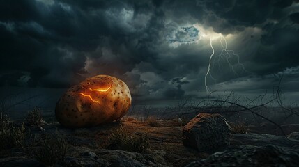 Surreal potato with radiant fissures on a stormy field, evoking the enigma of nature's creations.