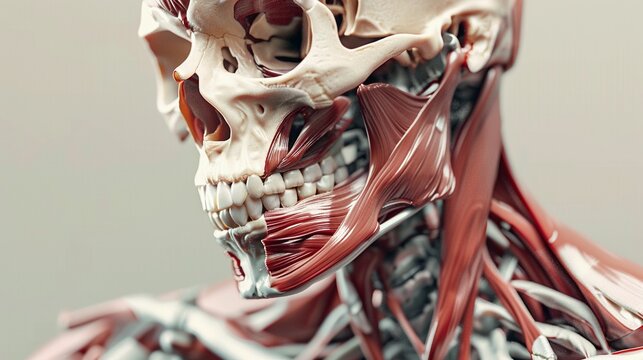 Detailed anatomical model of a human skull and neck muscles, a medical illustration of anatomy.