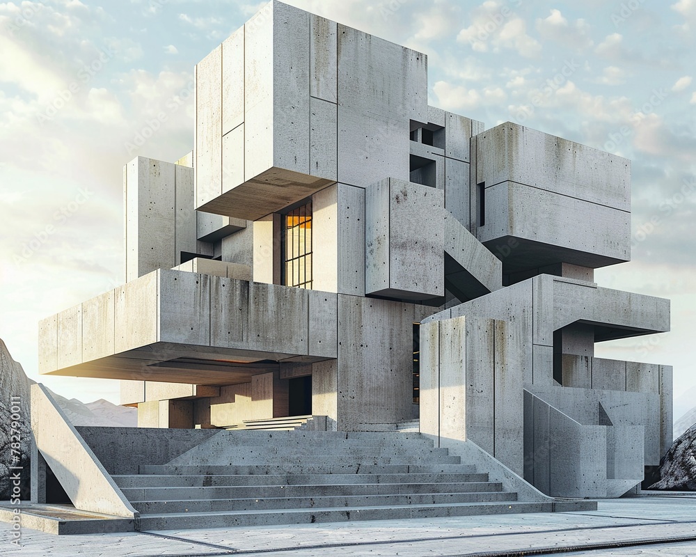 Poster minimalist concrete architecture with geometric structures conveying modernity and brutalist design.