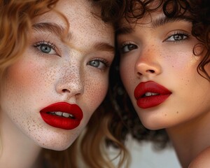 Close-up portrait of two women with striking red lips and freckles highlighting beauty and elegance.