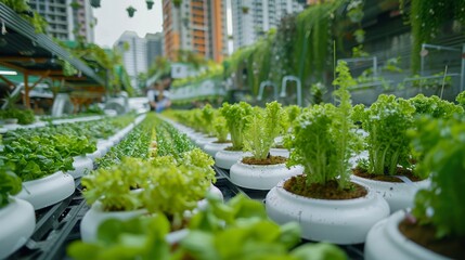 Urban Agriculture: Visualize urban dwellers cultivating rooftop gardens and hydroponic farms in futuristic cityscapes, highlighting sustainable agriculture practices enabled by technology