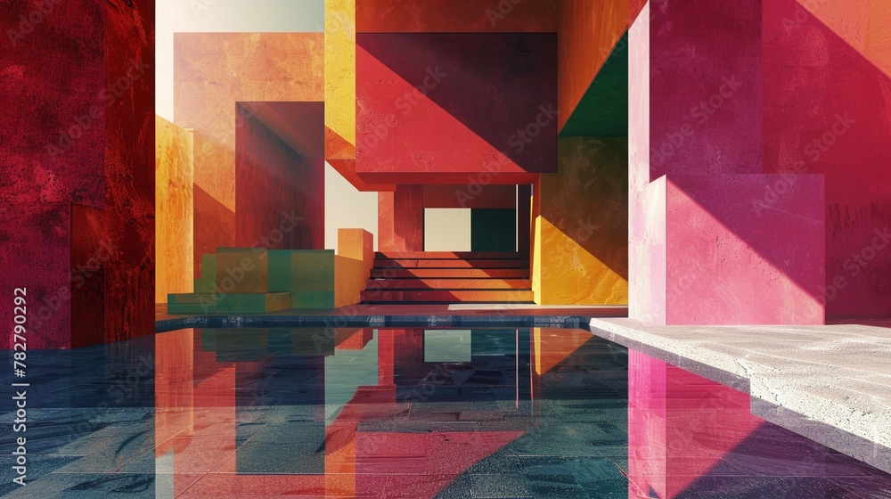 Poster modern architecture with geometric structures and water reflection at sunset.