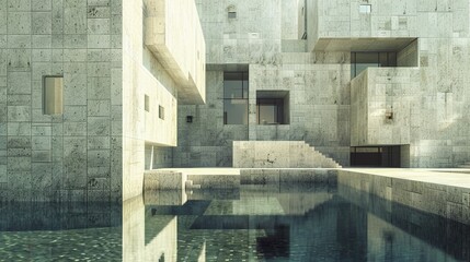 Concrete modern architecture with water element reflecting a clear sky.