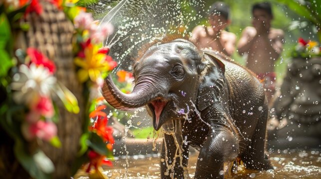 A joyful elephant calf amidst Songkran festivities