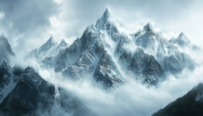 panoramic view of towering mountains cloaked in mist, with cascading waterfalls adding to the...