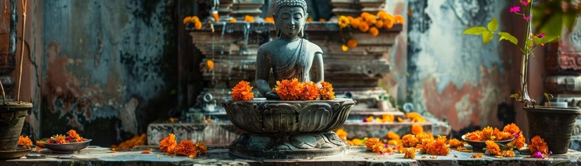 A quiet nook in a temple a Buddha statue surrounded by offerings of water and flowers - obrazy, fototapety, plakaty