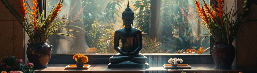 A quiet nook in a temple a Buddha statue surrounded by offerings of water and flowers - obrazy, fototapety, plakaty