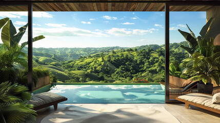 The view from the poolside windows offers a breathtaking panorama of the rolling hills and lush greenery outside.