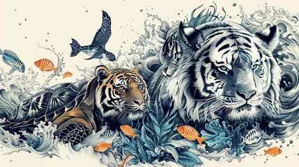 Foto op Plexiglas Wildlife Wonders: Illustrate a series of intricate portraits featuring endangered species from different ecosystems, such as tigers, pandas, and sea turtles © Warut