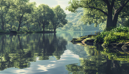 Immerse yourself in a scene of tranquil bliss by the serene shores of a crystal-clear lake, where verdant forests reflect upon still waters, creating a picture-perfect oasis of calm - obrazy, fototapety, plakaty