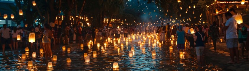 A Songkran evening procession with lanterns casting a soft glow on the faces of participants