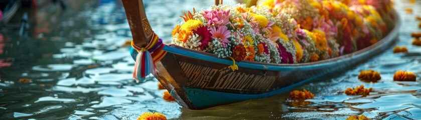A traditional Thai boat laden with flowers and offerings