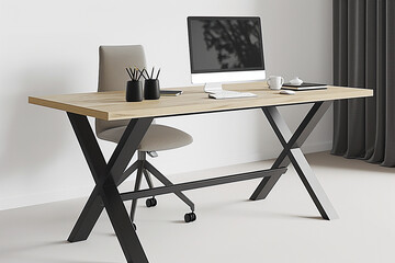 Minimalist Workspace, Modern minimalist office desk with computer and accessories in natural light.