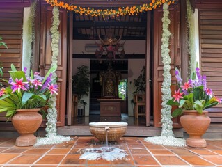 A traditional Thai home entrance welcoming Songkran with a water bowl