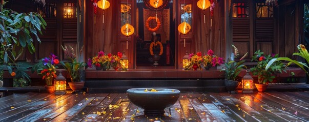 A traditional Thai house adorned for Songkran with lanterns - obrazy, fototapety, plakaty