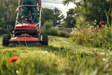 Manicured Lawn, Close-up of a lawn mower cutting grass in a suburban garden.