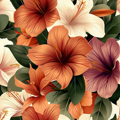 Hibiscus Harmony, Seamless tropical floral pattern with hibiscus flowers in shades of orange and purple.