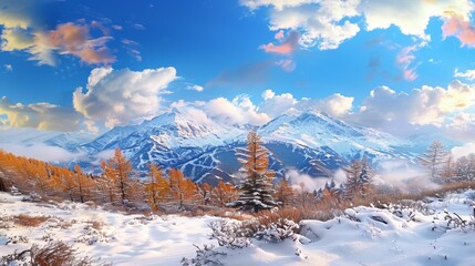 Fototapeta na wymiar Winter Wonderland, A breathtaking winter landscape with snow-covered mountains and trees.