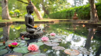 A tranquil pond reflecting a Buddha statue adorned with water and flowers