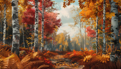 Witness nature's vibrant palette come to life as trees don their autumnal robes of crimson, gold, and amber, creating a tapestry of color that ignites the senses - obrazy, fototapety, plakaty