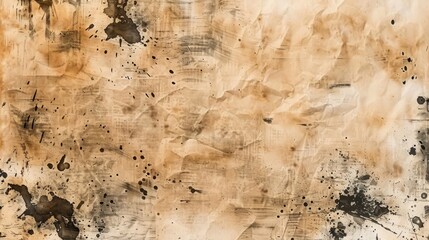 A historic and worn brown and black painting on an old parchment with ink splatters adorning a wall. Wallpaper. Background. - obrazy, fototapety, plakaty