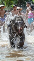 A young elephant playfully chasing friends with water