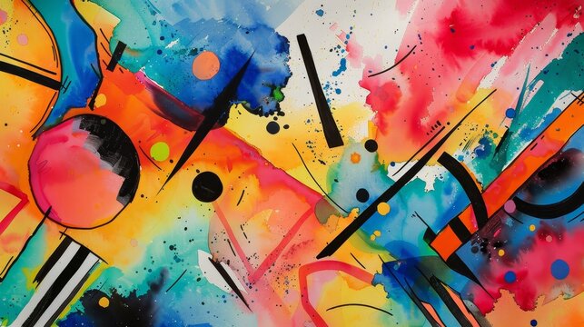 Watercolor explosion of '90s big, bold shapes, integrating fluorescent colors and black outlines for contrast
