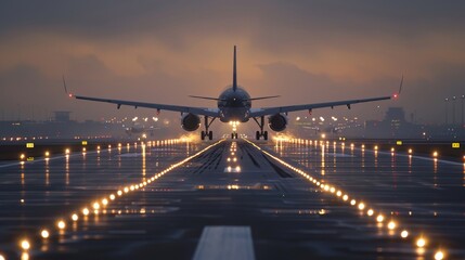 The elegance of aviation captured as a plane smoothly lands, runway lights guiding the way