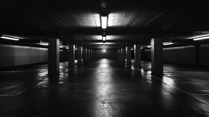 The eerie calm of an underground car park, broken only by the stark outline of a parking barrier