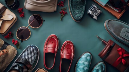 Sleek male slippers showcased amidst elegant women's accessories, perfect for e-commerce - obrazy, fototapety, plakaty