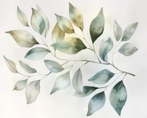 Gentle watercolor leaves in a sparse, elegant arrangement, floating on a white backdrop for a tranquil vibe