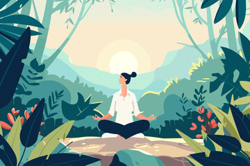 Mindful business leader meditating in peaceful nature setting, work-life balance concept - obrazy, fototapety, plakaty