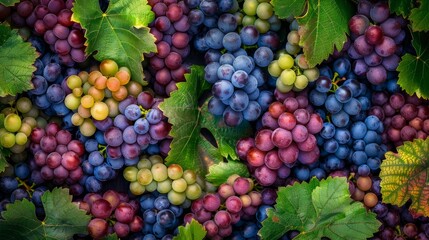 A cluster of grapes hanging on a vine in a ripened vineyard setting. Wallpaper. Background.