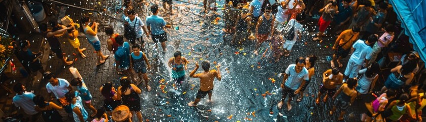 An overhead shot of a crowded street during Songkran the air filled with joy - obrazy, fototapety, plakaty