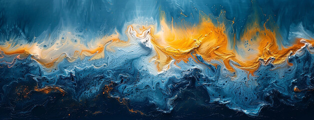 colorful abstract wavy painting in sea theme with vibrant blue white gold and yellow color composition 