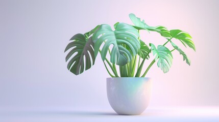 green plant in a white vase resting on a table, against a simple background. Copy space.