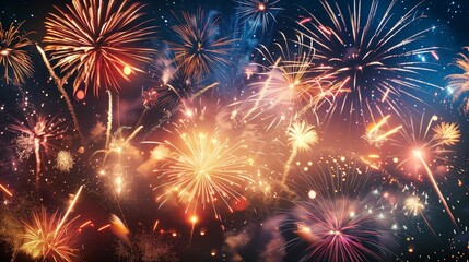 Create a spectacular image portraying a vibrant display of fireworks against the backdrop of a starry New Year's Eve sky in nature. 