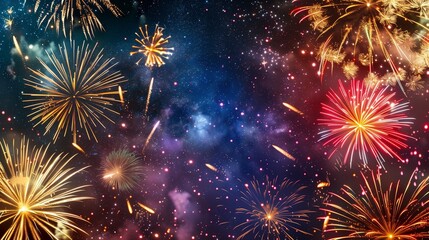 Create a spectacular image portraying a vibrant display of fireworks against the backdrop of a starry New Year's Eve sky in nature. 