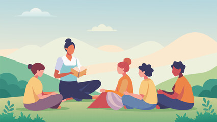 A group of teenagers sit crosslegged on a grassy hill eagerly following their greataunts instructions on how to knit a scarf using traditional