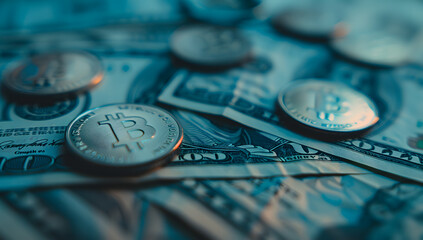 coins over hundred dollar bills background close up view - Powered by Adobe