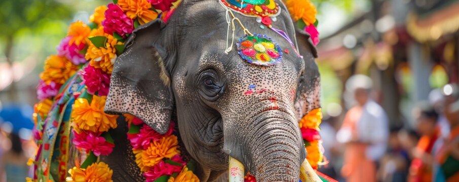 The enchanting sight of a young elephant adorned with colorful Songkran decorations