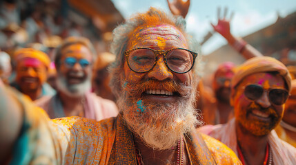 Mature Indian man among colorful powder - 782794889