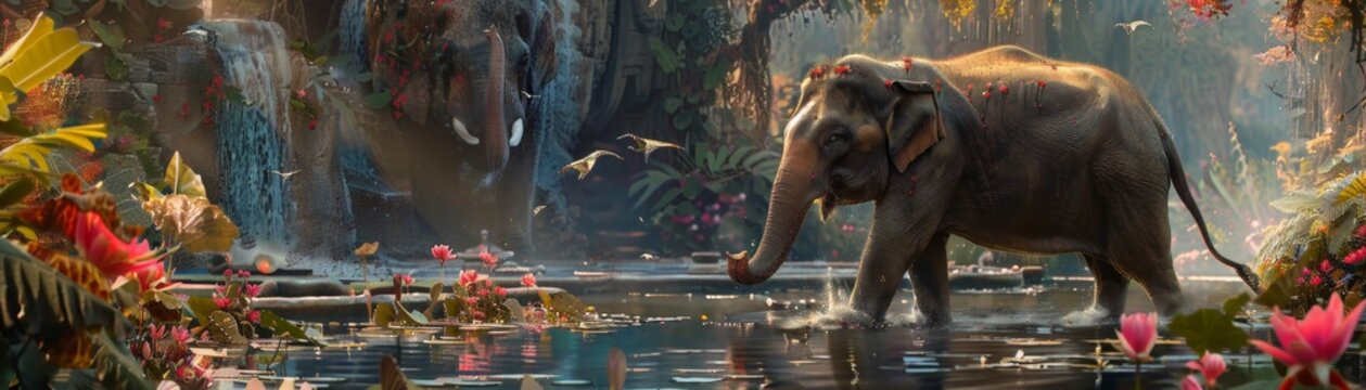The gentle grace of a young elephant walking through a Songkran water garden