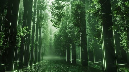 The Enchanted Cybernetic Steel Forest with Green Artificial Leaves 
