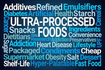 Ultra-Processed Foods Word Cloud on Blue Background - 782797241