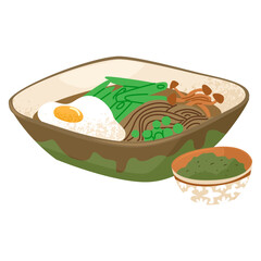 Asian noodle soup with egg and mushrooms. Vegetarian vegetable dish. Vector illustration isolated on transparent background.
