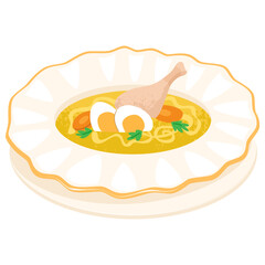 Noodle soup with chicken in an elegant plate. Traditional lunch. Hot, liquid and nutritious food.Vector illustration isolated on transparent background.