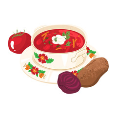 Traditional Russian beet soup - borscht. A beautifully presented dish with sour cream, tomato and rye bread. Vector illustration isolated on transparent background.