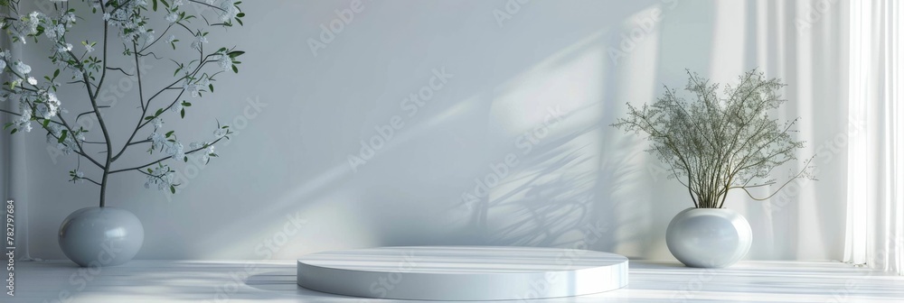 Poster minimalist d rendered product display platform against light background