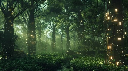 Fototapeta na wymiar Create an image of a cybernetic forest where trees 